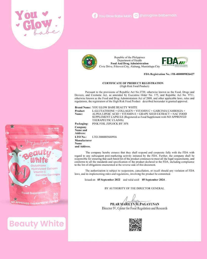 You Glow, Babe Beauty White 4in1 Glutathione, Collagen, Vit C, Garcinia Cambogia (30 Capsules 500mg)