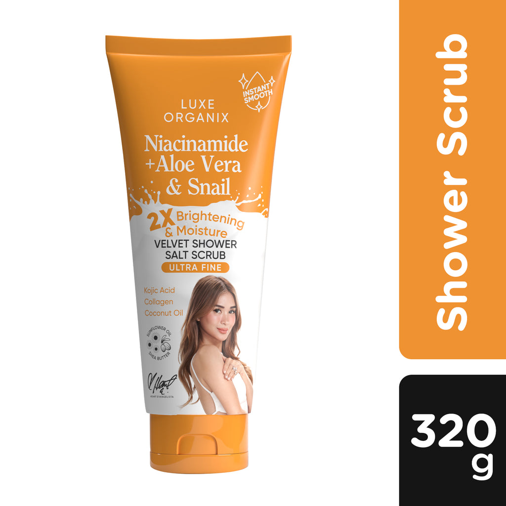 Luxe Organix Niacinamide + Aloe Vera & Snail 2x Brightening & Moisture Velvet Shower Salt Scrub 320g - LOBeauty | Shop Filipino Beauty Brands in the UAE